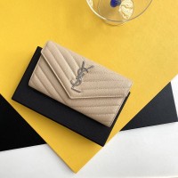 Replica Ysl Large Flap Wallet in Beige with Silver Hardware