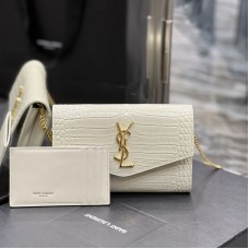 Replica Ysl Uptown Chain Wallet In Crocodile Embossed Shiny Leather in White