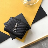 Replica Ysl Compact Zip Around Wallet in Black with Silver Hardware