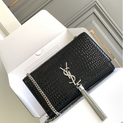 Replica Ysl Medium Kate Tassel Bag in Croco Black with silver hardware